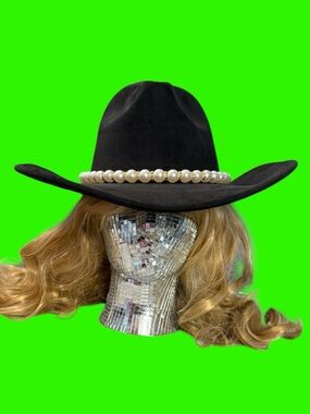 NWT Black Faux Suede Fedora/Cowgirl Hat One Size Pearl & Rhinestone Banded